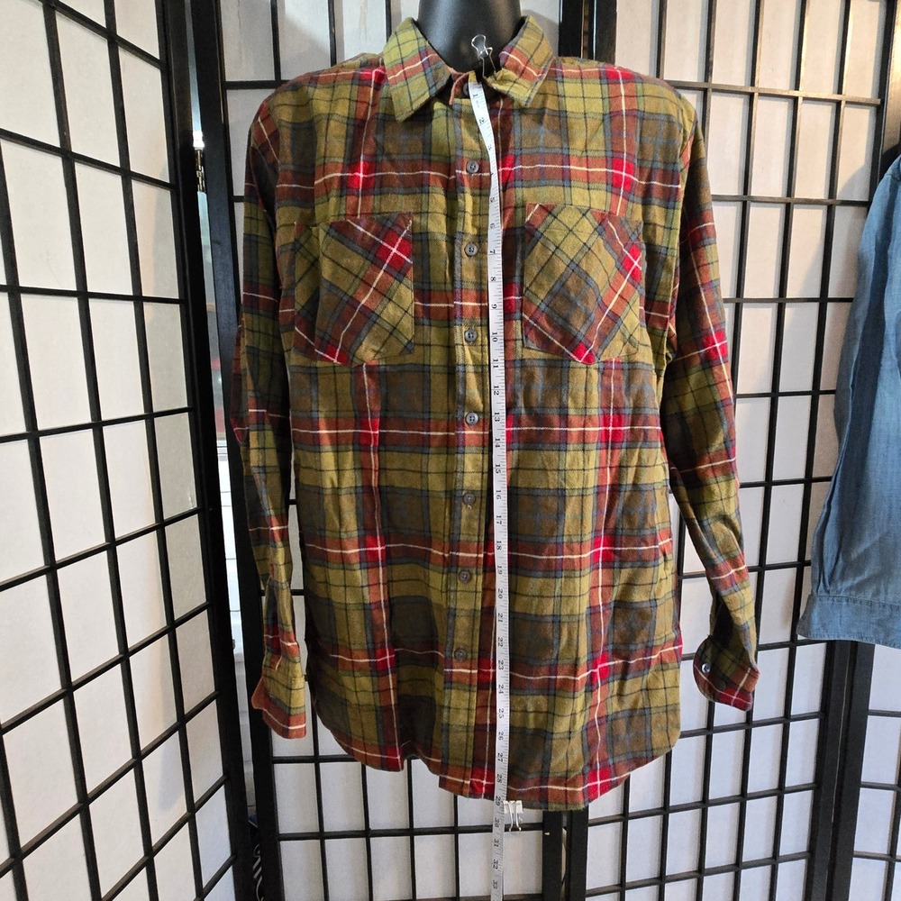 Haband Mens Flannel Shirt Long Sleeve Plaid Button Down Olive Green Red L - Picture 4 of 10